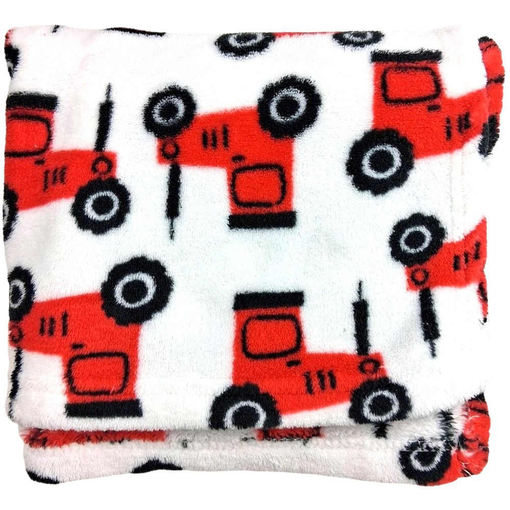 FLAW * Cutie Pie White Tractor Baby Blanket Soft Fleece Red Black‎ Truck Lovey